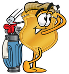 Clip art Graphic of a Gold Law Enforcement Police Badge Cartoon Character Swinging His Golf Club While Golfing