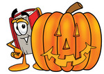 Clip Art Graphic of a Book Cartoon Character With a Carved Halloween Pumpkin