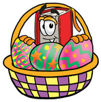 Clip Art Graphic of a Book Cartoon Character in an Easter Basket Full of Decorated Easter Eggs