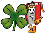 Clip Art Graphic of a Book Cartoon Character With a Green Four Leaf Clover on St Paddy’s or St Patricks Day