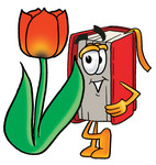 Clip Art Graphic of a Book Cartoon Character With a Red Tulip Flower in the Spring