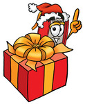 Clip Art Graphic of a Book Cartoon Character Standing by a Christmas Present