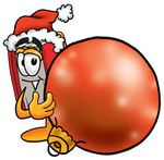 Clip Art Graphic of a Book Cartoon Character Wearing a Santa Hat, Standing With a Christmas Bauble