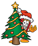 Clip Art Graphic of a Book Cartoon Character Waving and Standing by a Decorated Christmas Tree
