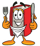 Clip Art Graphic of a Book Cartoon Character Holding a Knife and Fork