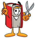 Clip Art Graphic of a Book Cartoon Character Holding a Pair of Scissors