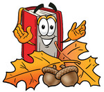 Clip Art Graphic of a Book Cartoon Character With Autumn Leaves and Acorns in the Fall