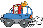 Clip Art Graphic of a Book Cartoon Character Driving a Blue Car and Waving