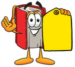 Clip Art Graphic of a Book Cartoon Character Holding a Yellow Sales Price Tag