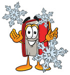 Clip Art Graphic of a Book Cartoon Character With Three Snowflakes in Winter