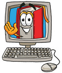 Clip Art Graphic of a Book Cartoon Character Waving From Inside a Computer Screen