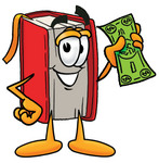 Clip Art Graphic of a Book Cartoon Character Holding a Dollar Bill
