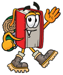 Clip Art Graphic of a Book Cartoon Character Hiking and Carrying a Backpack