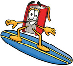 Clip Art Graphic of a Book Cartoon Character Surfing on a Blue and Yellow Surfboard