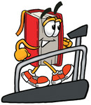 Clip Art Graphic of a Book Cartoon Character Walking on a Treadmill in a Fitness Gym