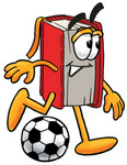 Clip Art Graphic of a Book Cartoon Character Kicking a Soccer Ball