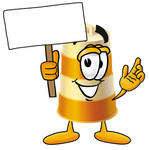 Clip art Graphic of a Construction Road Safety Barrel Cartoon Character Holding a Blank Sign