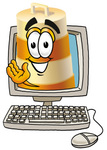 Clip art Graphic of a Construction Road Safety Barrel Cartoon Character Waving From Inside a Computer Screen