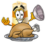 Clip art Graphic of a Construction Road Safety Barrel Cartoon Character Serving a Thanksgiving Turkey on a Platter