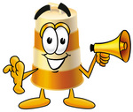 Clip art Graphic of a Construction Road Safety Barrel Cartoon Character Holding a Megaphone