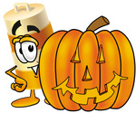 Clip art Graphic of a Construction Road Safety Barrel Cartoon Character With a Carved Halloween Pumpkin