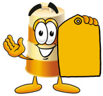 Clip art Graphic of a Construction Road Safety Barrel Cartoon Character Holding a Yellow Sales Price Tag