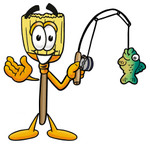Clip Art Graphic of a Straw Broom Cartoon Character Holding a Fish on a Fishing Pole