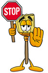 Clip Art Graphic of a Straw Broom Cartoon Character Holding a Stop Sign