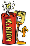Clip Art Graphic of a Straw Broom Cartoon Character Standing With a Lit Stick of Dynamite