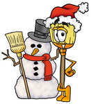 Clip Art Graphic of a Straw Broom Cartoon Character With a Snowman on Christmas