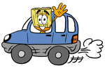 Clip Art Graphic of a Straw Broom Cartoon Character Driving a Blue Car and Waving