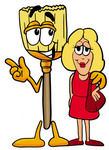 Clip Art Graphic of a Straw Broom Cartoon Character Talking to a Pretty Blond Woman