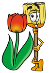 Clip Art Graphic of a Straw Broom Cartoon Character With a Red Tulip Flower in the Spring
