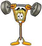 Clip Art Graphic of a Straw Broom Cartoon Character Holding a Heavy Barbell Above His Head