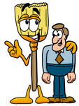 Clip Art Graphic of a Straw Broom Cartoon Character Talking to a Business Man