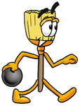 Clip Art Graphic of a Straw Broom Cartoon Character Holding a Bowling Ball