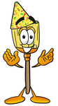 Clip Art Graphic of a Straw Broom Cartoon Character Wearing a Birthday Party Hat