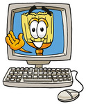 Clip Art Graphic of a Straw Broom Cartoon Character Waving From Inside a Computer Screen