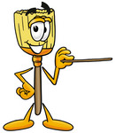 Clip Art Graphic of a Straw Broom Cartoon Character Holding a Pointer Stick
