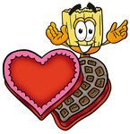 Clip Art Graphic of a Straw Broom Cartoon Character With an Open Box of Valentines Day Chocolate Candies