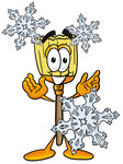 Clip Art Graphic of a Straw Broom Cartoon Character With Three Snowflakes in Winter