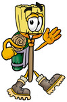 Clip Art Graphic of a Straw Broom Cartoon Character Hiking and Carrying a Backpack