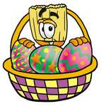Clip Art Graphic of a Straw Broom Cartoon Character in an Easter Basket Full of Decorated Easter Eggs