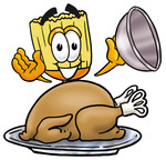 Clip Art Graphic of a Straw Broom Cartoon Character Serving a Thanksgiving Turkey on a Platter