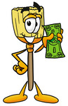 Clip Art Graphic of a Straw Broom Cartoon Character Holding a Dollar Bill