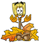 Clip Art Graphic of a Straw Broom Cartoon Character With Autumn Leaves and Acorns in the Fall