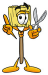 Clip Art Graphic of a Straw Broom Cartoon Character Holding a Pair of Scissors