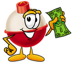 Clip art Graphic of a Fishing Bobber Cartoon Character Holding a Dollar Bill