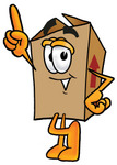 Clip Art Graphic of a Cardboard Shipping Box Cartoon Character Pointing Upwards