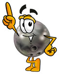 Clip Art Graphic of a Bowling Ball Cartoon Character Pointing Upwards